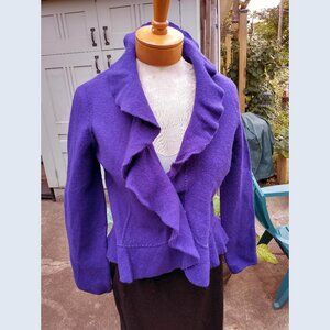 Cardigan: Merino wool, violet wrap w/ruffle. Size medium - by Jones New York